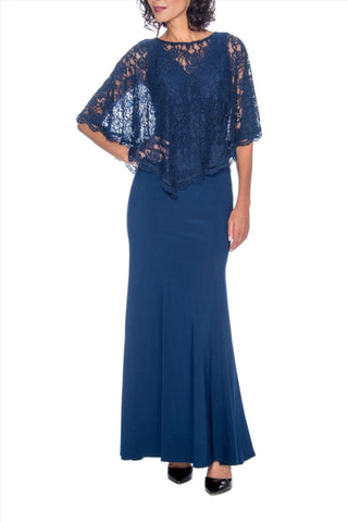 Decode Crew Neck Cape Sleeve Floral Lace Top Zipper Back Lace Jersey Gown