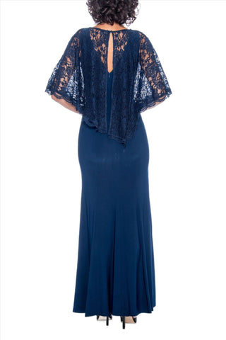 Decode Crew Neck Cape Sleeve Floral Lace Top Zipper Back Lace Jersey Gown