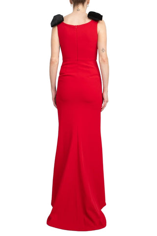 Alberto Makali Boat Neck Sleeveless Bow Shoulder Detail Zipper Back Solid Mermaid Gown - Red - Back