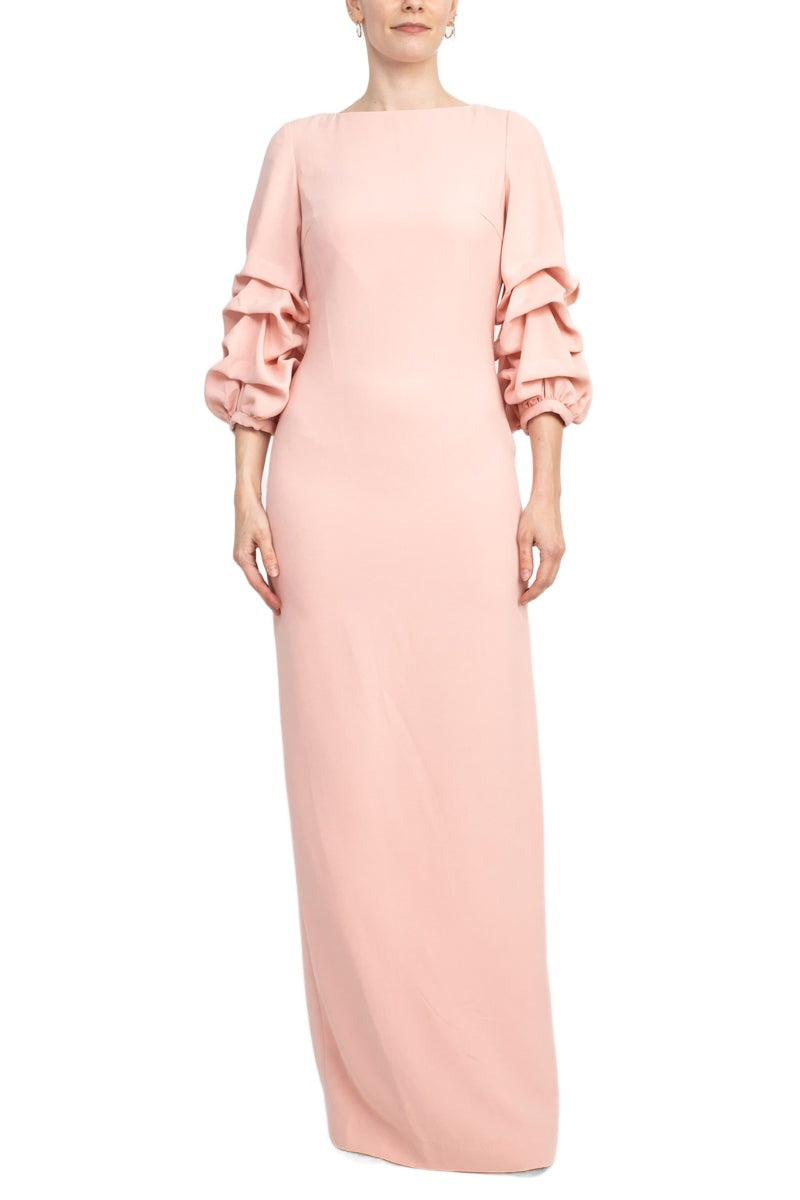 alberto makali pink dress Alberto Makali Boat Neck Gathered 3/4 Sleeve Column Zipper Back Slit Back Scuba Dress