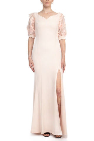 Alberto Makali V-Neck Short Embellished Lace Sleeve Zipper Back Mermaid Slit Side Scuba Dress - Rose - Front