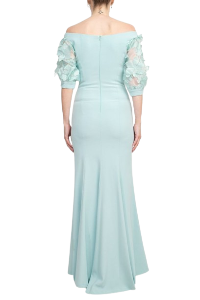 Alberto Makali V-Neck Short Embellished Lace Sleeve Zipper Back Mermaid Slit Side Scuba Dress