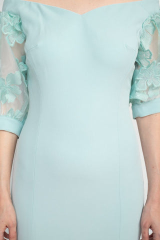 Alberto Makali V-Neck Short Embellished Lace Sleeve Zipper Back Mermaid Slit Side Scuba Dress - Sky Blue - Fabric