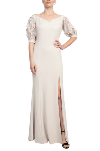 Alberto Makali V-Neck Short Embellished Lace Sleeve Zipper Back Mermaid Slit Side Scuba Dress - Taupe - Front