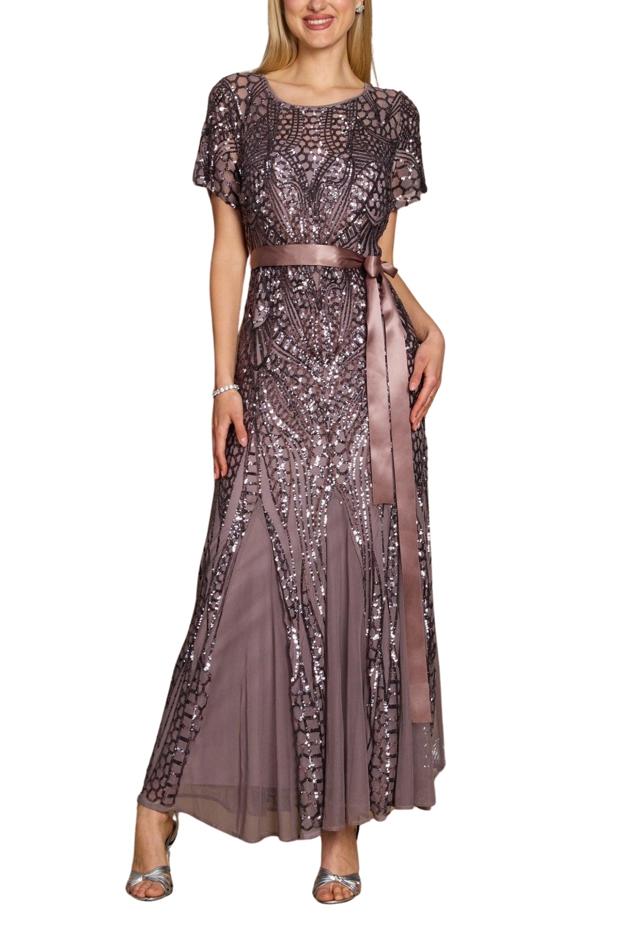 R&M Richards Round Neck Short Sleeves Satin Ribbon Sash Pleated Skirt Straight Hem Maxi Dress | Available at Curated Brands in Los Angeles R&M Richards Round Neck Short Sleeves Satin Ribbon Sash Pleated Skirt Straight Hem Maxi Dress | Available at Curated Brands in Los Angeles