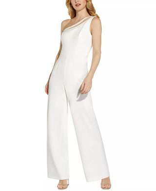 Adrianna Papell Embellished One Shoulder Zipper Side Straight Leg Solid Jumpsuit - IVORY - Front full view