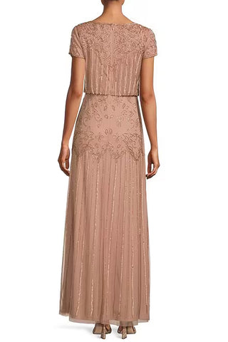 Adrianna Papell Boat Neck Short Sleeve Blouson Zipper Back Embellished Mesh Dress - ROSE GOLD - Back