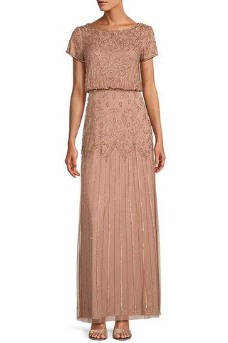 Adrianna Papell Boat Neck Short Sleeve Blouson Zipper Back Embellished Mesh Dress - ROSE GOLD - Front