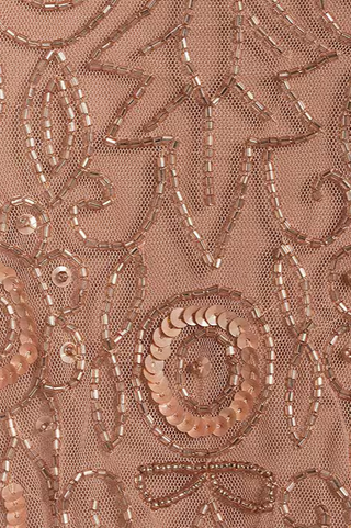 Adrianna Papell Boat Neck Short Sleeve Blouson Zipper Back Embellished Mesh Dress - ROSE GOLD - Fabric