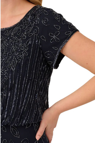 Adrianna Papell Boat Neck Short Sleeve Blouson Zipper Back Embellished Mesh Dress (Plus Size)