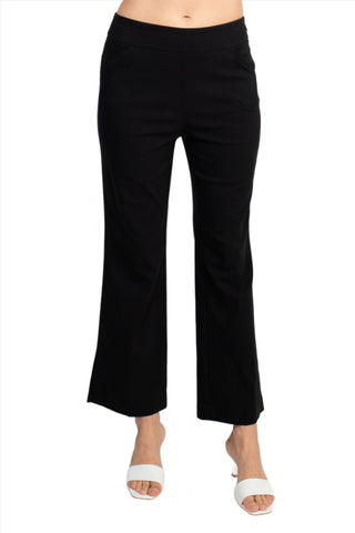 Counterparts Banded Mid Waist Pull On Solid Straight Cut Slit Hem Stretch Rayon Pant with Pockets