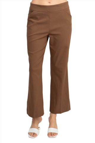 Counterparts Banded Mid Waist Pull On Solid Straight Cut Slit Hem Stretch Rayon Pant with Pockets