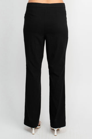 Counterparts Banded Waist Pull On Straight Cut Solid Hardware Detail Stretch Rayon Pants_Black_Front View