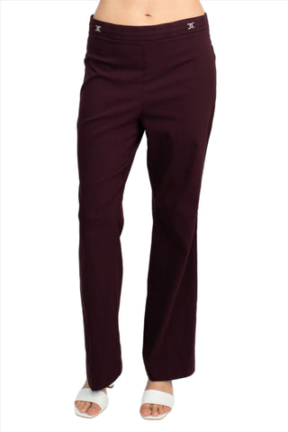 Counterparts Banded Waist Pull On Straight Cut Solid Hardware Detail Stretch Rayon Pants_Cabernet_Front View