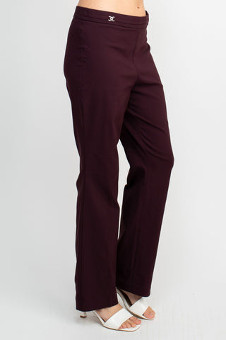 Counterparts Banded Waist Pull On Straight Cut Solid Hardware Detail Stretch Rayon Pants_Cabernet_Side View