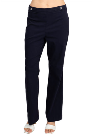 Counterparts Banded Waist Pull On Straight Cut Solid Hardware Detail Stretch Rayon Pants_Navy_Front View