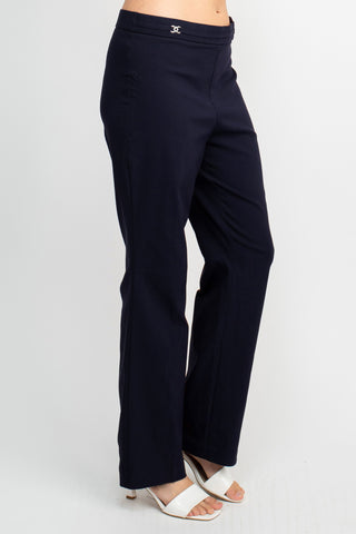 Counterparts Banded Waist Pull On Straight Cut Solid Hardware Detail Stretch Rayon Pants_Navy_Side View