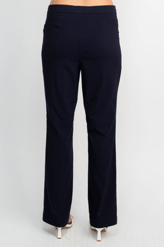 Counterparts Banded Waist Pull On Straight Cut Solid Hardware Detail Stretch Rayon Pants_Navy_BackView