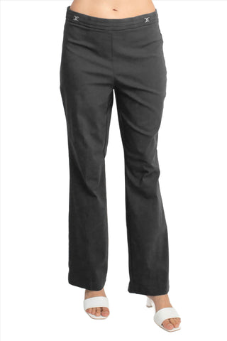 Counterparts Banded Waist Pull On Straight Cut Solid Hardware Detail Stretch Rayon Pants_Steel_Front View