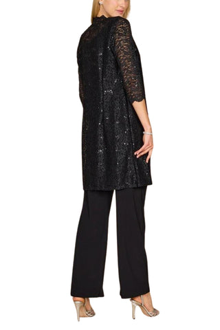 R&M Richards Metallic Lace Tank Top and Pant Set with Sheer Lace Jacket - BLACK - Back