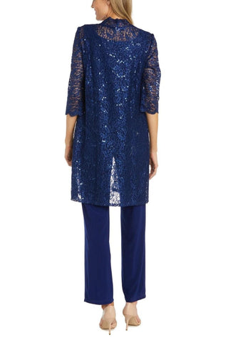 R&M Richards Metallic Lace Tank Top and Pant Set with Sheer Lace Jacket - ROYAL - Back