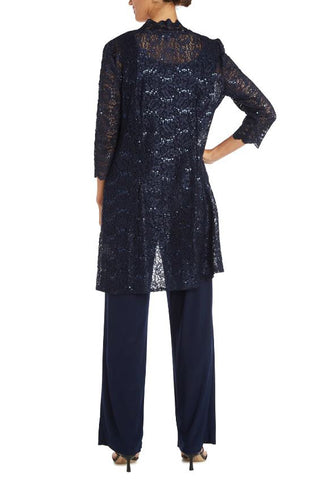 R&M Richards Metallic Lace Tank Top and Pant Set with Sheer Lace Jacket - NAVY - Back