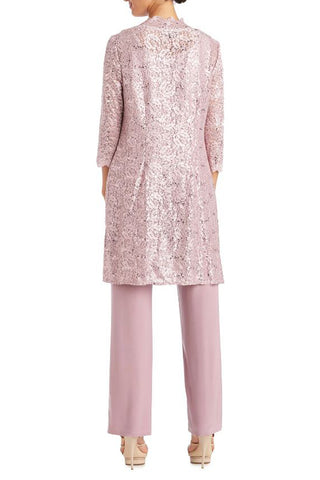 R&M Richards Metallic Lace Tank Top and Pant Set with Sheer Lace Jacket - MAUVE - Back