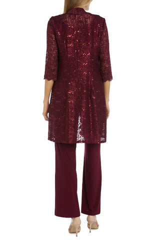 R&M Richards Metallic Lace Tank Top and Pant Set with Sheer Lace Jacket - MERLOT - Back