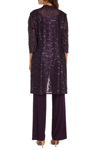 R&M Richards Metallic Lace Tank Top and Pant Set with Sheer Lace Jacket - PLUM - Back