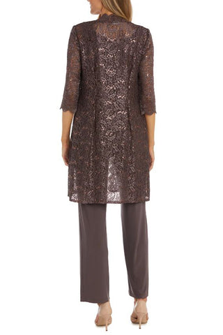 R&M Richards Metallic Lace Tank Top and Pant Set with Sheer Lace Jacket - FIG - Back