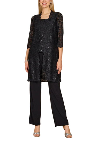 R&M Richards Metallic Lace Tank Top and Pant Set with Sheer Lace Jacket - BLACK - Front 