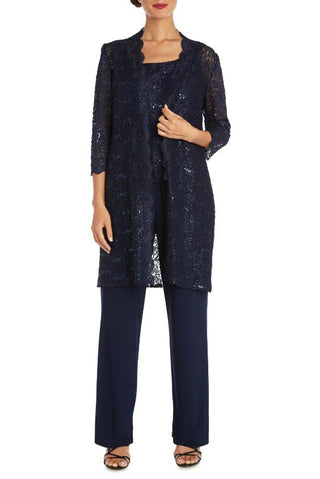 R&M Richards Metallic Lace Tank Top and Pant Set with Sheer Lace Jacket - NAVY - Front