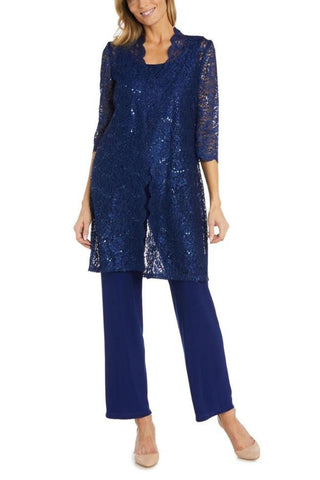 R&M Richards Metallic Lace Tank Top and Pant Set with Sheer Lace Jacket - ROYAL - Front