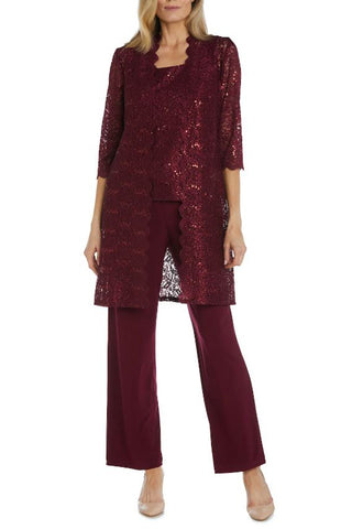 R&M Richards Metallic Lace Tank Top and Pant Set with Sheer Lace Jacket - MERLOT - Front