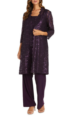 R&M Richards Metallic Lace Tank Top and Pant Set with Sheer Lace Jacket - PLUM - Front