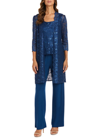 R&M Richards Metallic Lace Tank Top and Pant Set with Sheer Lace Jacket - PEACOCK - Front