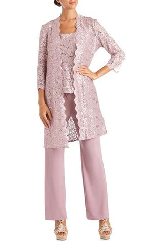 R&M Richards Metallic Lace Tank Top and Pant Set with Sheer Lace Jacket - MAUVE - Front