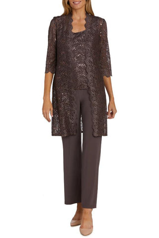 R&M Richards Metallic Lace Tank Top and Pant Set with Sheer Lace Jacket - FIG - Front