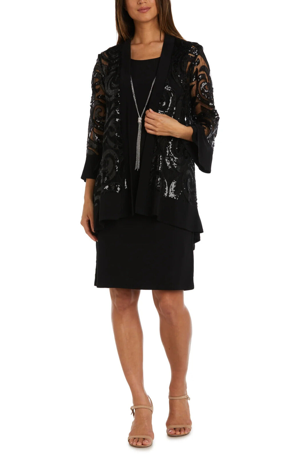 R&M Richards Scoop Neckline 3/4 Sleeves Pullover Jersey Dress with Sequin Dress | Available at Curated Brands in Los Angeles R&M Richards Scoop Neckline 3/4 Sleeves Pullover Jersey Dress with Sequin Dress | Available at Curated Brands in Los Angeles