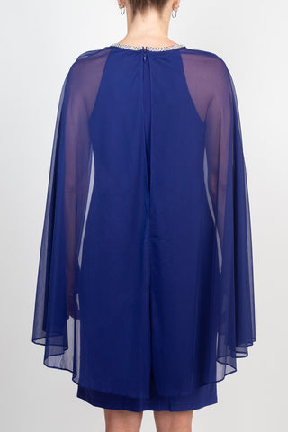 R&M Richards Embellished Crew Neck Cape Sleeve Zipper Back Solid Chiffon Dress