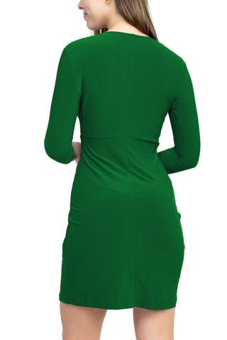 Emma & Michele V-Neck Gathered Front 3/4 Sleeve Solid Jersey Dress - Emerald - Back
