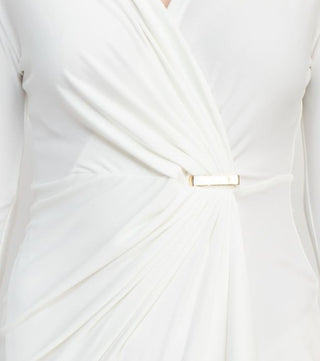 Emma & Michele V-Neck Gathered Front 3/4 Sleeve Solid Jersey Dress - Ivory - Fabric