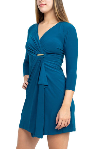 Emma & Michele V-Neck Gathered Front 3/4 Sleeve Solid Jersey Dress - Peacock - Side