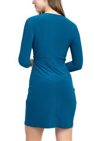 Emma & Michele V-Neck Gathered Front 3/4 Sleeve Solid Jersey Dress - Peacock - Back