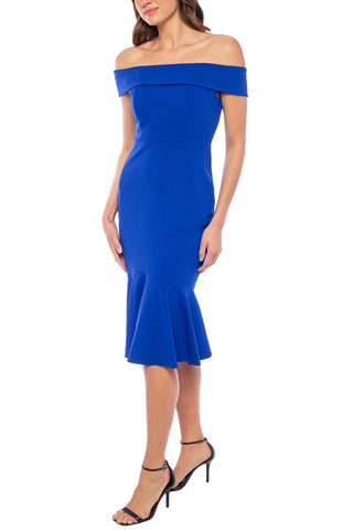 Marina Off-the-Shoulder Cap Sleeve Stretch Crepe Mermaid Midi Dress - Cobalt - Front