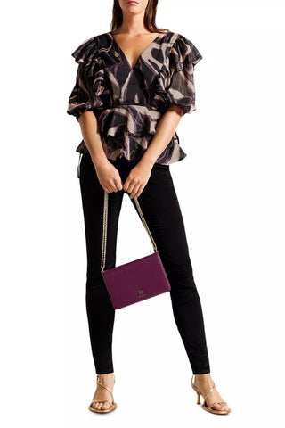 Ted Baker Jasmyna Wrap V-Neckline Bow String V-Back Cutout Puff Balloon Sleeves Pullover Ruffled Blouse Top