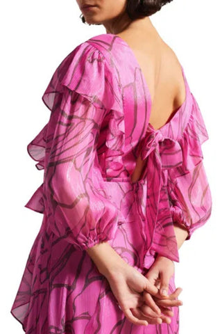 Ted Baker Victoir V-Neckline Puffed Sheer Three-Quarter Sleeves Defined Waistline Cascade Ruffle Flared A-Line Midi Dress