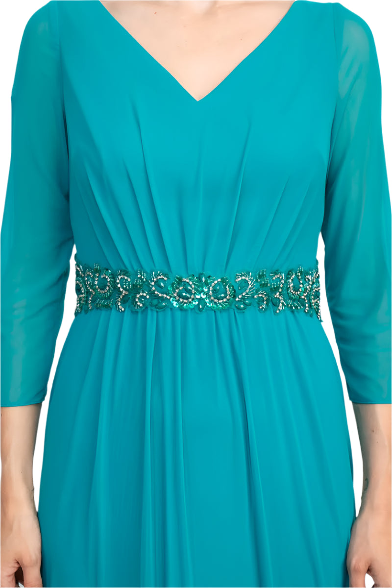 Marina V-Neck 3/4 Sleeve Embellished Waist Front Zipper Back Solid Mesh Dress Marina V-Neck 3/4 Sleeve Embellished Waist Front Zipper Back Solid Mesh Dress