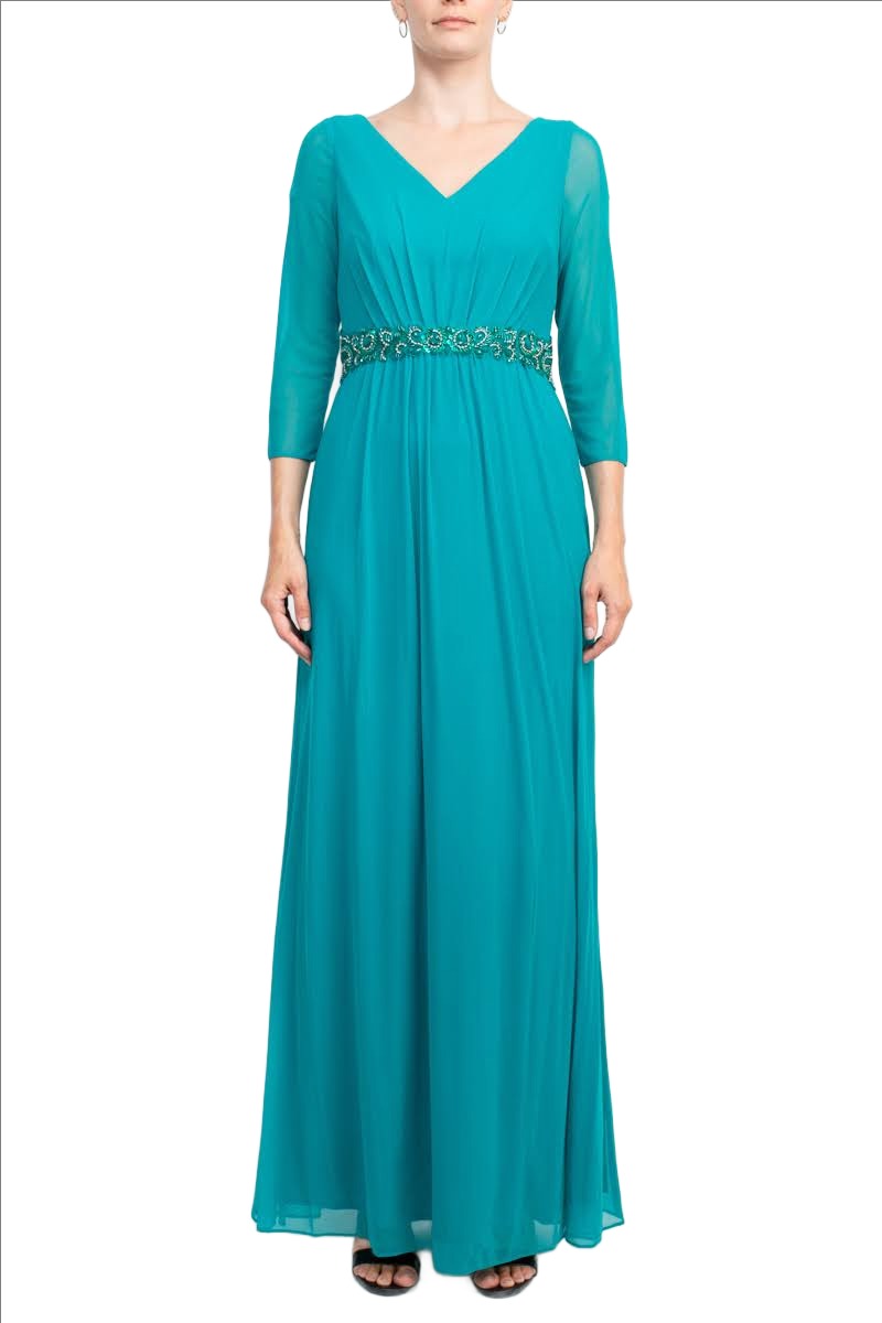 Marina V-Neck 3/4 Sleeve Embellished Waist Front Zipper Back Solid Mesh Dress | Available at Curated Brands in Los Angeles Marina V-Neck 3/4 Sleeve Embellished Waist Front Zipper Back Solid Mesh Dress | Available at Curated Brands in Los Angeles