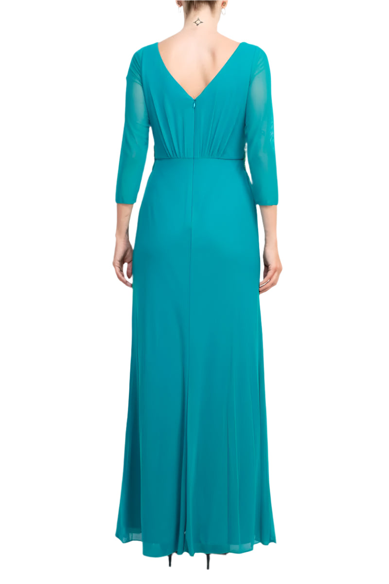 Marina V-Neck 3/4 Sleeve Embellished Waist Front Zipper Back Solid